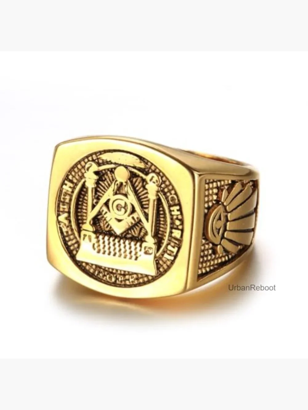 Masonic Solomon's Temple Ring Signet Faith Hope Charity Silver Gold Accent